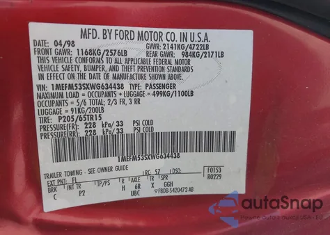 1998 Mercury Sable Ls from USA, damaged, VIN 1MEFM53SXWG634438